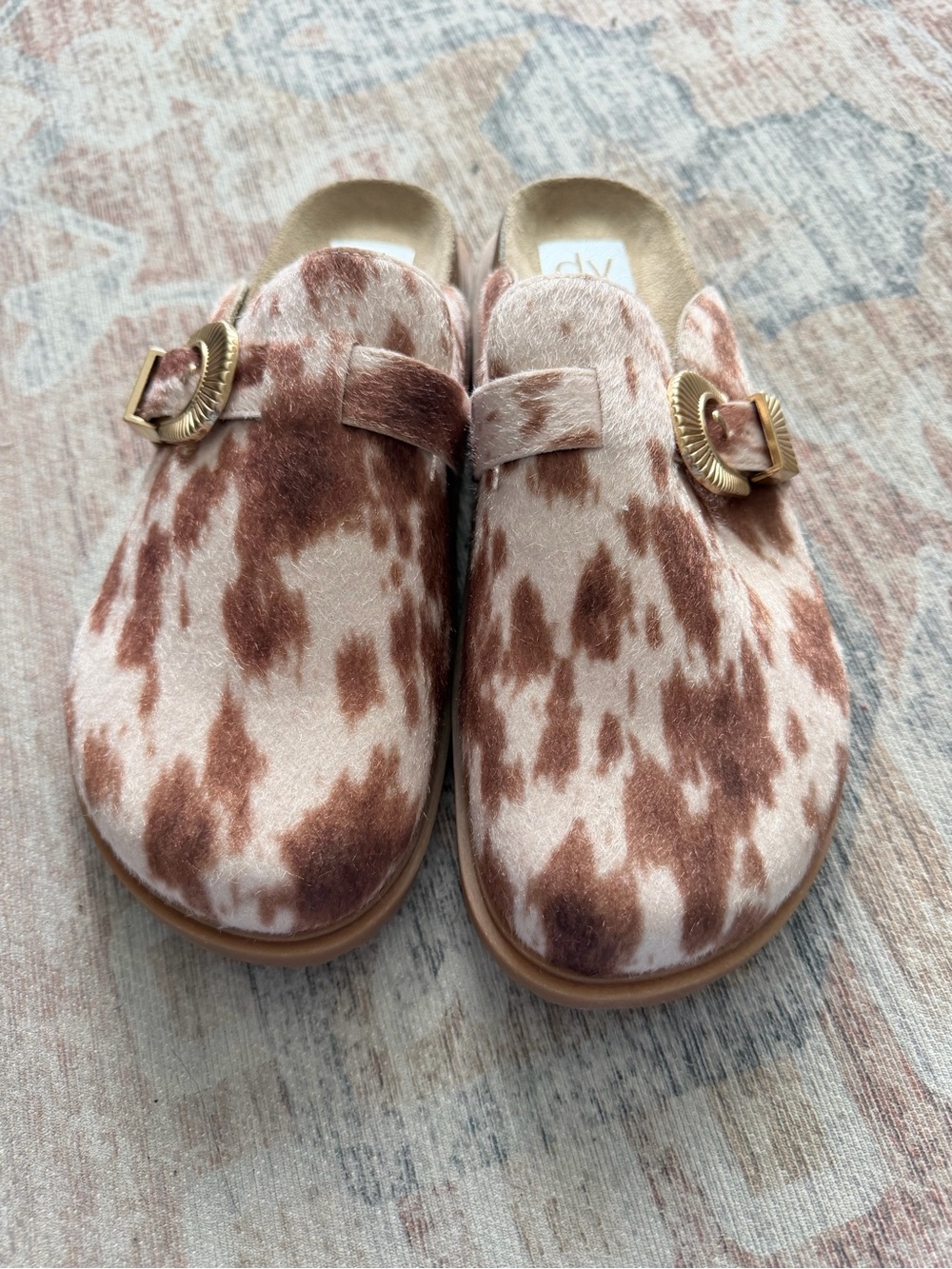 Dolce Vita Brown and Cream Cowhide-Print Slide Mules with Gold Buckle